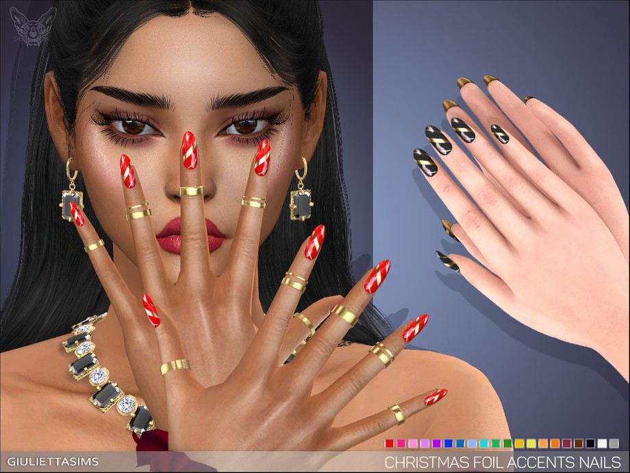 Una Sim que lleva muchas joyas de oro con uñas largas en forma de almendra. Sus uñas de Sims 4 con CC de Navidad son rojas con acentos dorados que las hacen parecer un caramelo de rayas rojas y doradas.