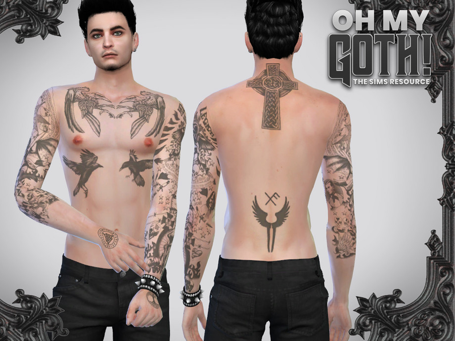 Un personaje masculino de Los Sims 4 que no lleva camiseta porque está cubierto de tatuajes. Tiene un tatuaje de manga en un brazo y medio tatuaje de manga en el otro, dos tatuajes en la espalda y un tatuaje en el pecho.
