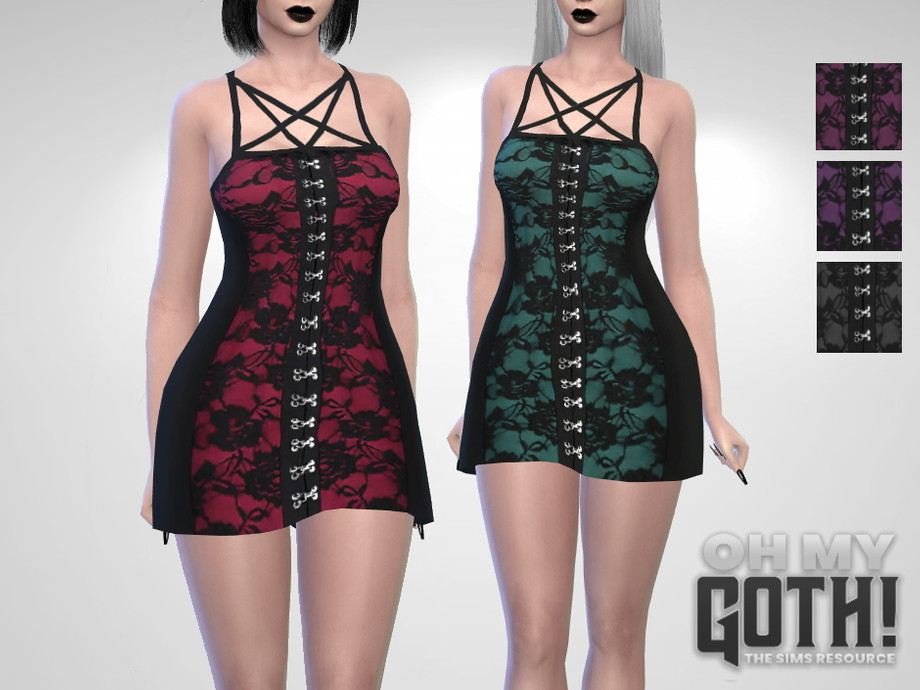 Dos sims adultos de diferentes edades en Los Sims 4 que llevan puesto el mismo vestido de encaje con tirantes en la parte superior.