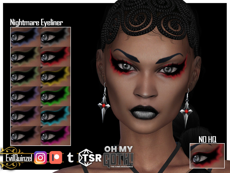 Un sim que lleva un grueso delineador de ojos con rojo alrededor, cejas arqueadas y lápiz labial negro. Lleva pendientes de estilo gótico y una camiseta negra con tiras.