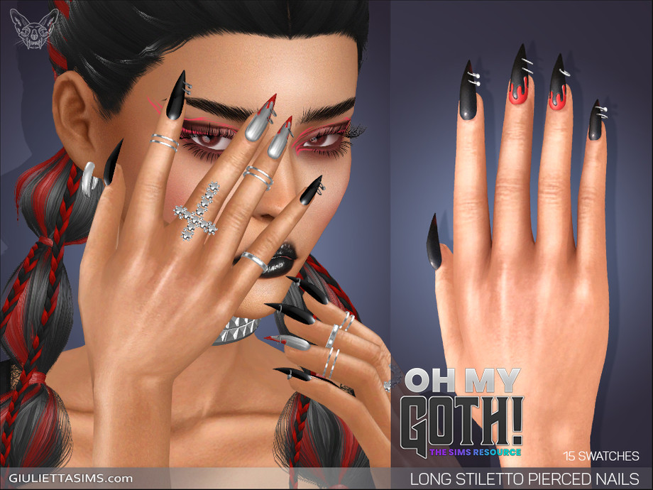 Una sim con cabello negro y rojo sosteniendo su mano frente a su rostro, tiene uñas largas en forma de estilete de color negro y rojo, parecidas a la sangre, con anillos saliendo de ellas.