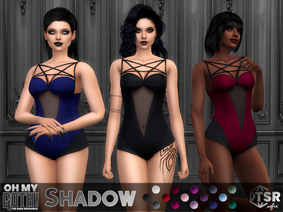 Tres personajes femeninos adultos de Los Sims 4 que llevan ropa interior personalizada con muchas correas cruzadas en la parte superior que forman la figura de una estrella. Esta ropa interior gótica personalizada es hermosa.