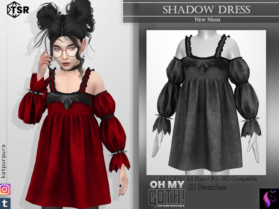Un personaje infantil de Los Sims 4 con el cabello recogido en dos moños grandes y desordenados. Lleva puesto un vestido gótico con mangas abullonadas y púas metálicas alrededor de la muñeca.