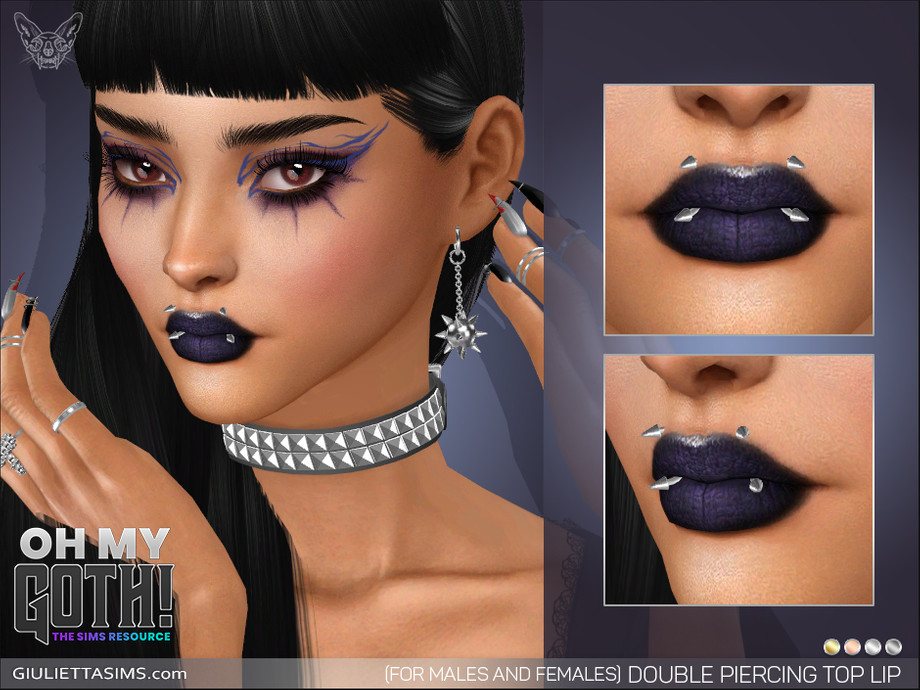 Un sim con cabello negro y un collar de pinchos. Tienen lápiz labial azul oscuro y piercings saliendo de sus labios.