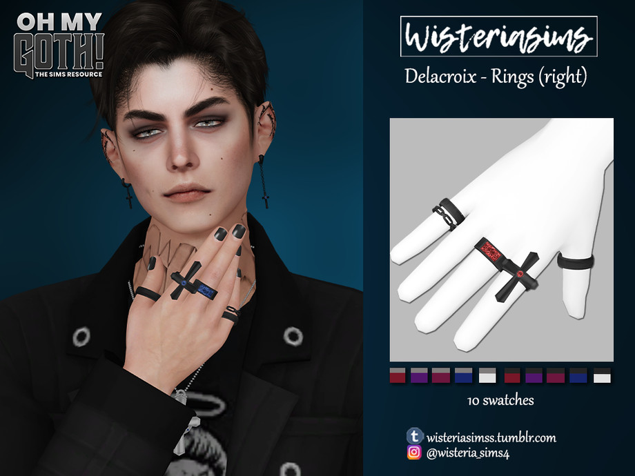 Un sim masculino con dos aretes con cruces en los extremos. Tiene la mano frente a su cuello para lucir sus anillos góticos que también tienen una cruz para combinar con los aretes. También lleva una chaqueta negra sobre una camiseta gráfica.