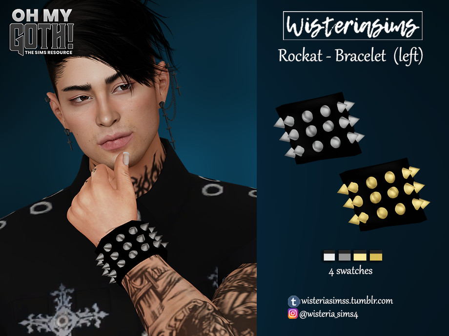 Un personaje masculino de Los Sims 4 con cabello negro, lleva una camisa negra, tiene tatuajes por todo el cuerpo y lleva un brazalete grande en la muñeca cubierto de picos.