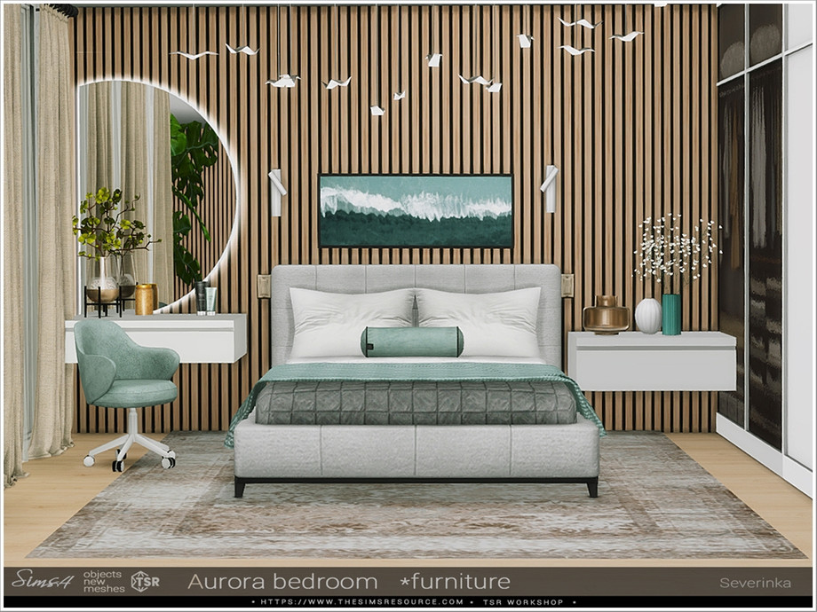 Una pared con madera en la parte posterior, dos mesitas flotantes a cada lado, una bonita alfombra y una hermosa cama con almohadas decorativas.