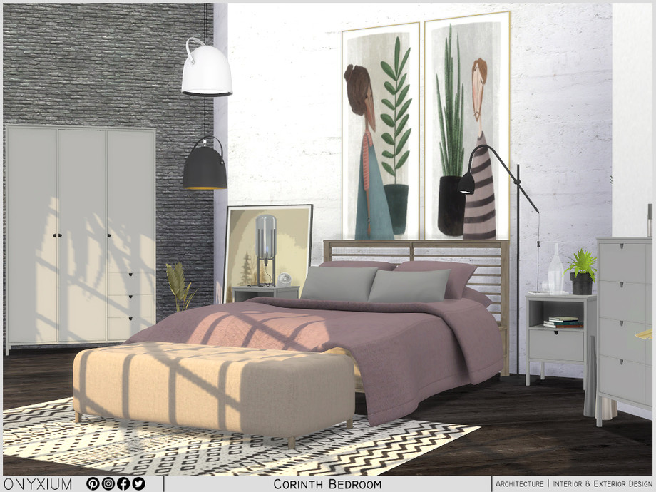 Una habitación con un armario, un vestido, una mesita de noche y una hermosa cama con sábanas de color malva.